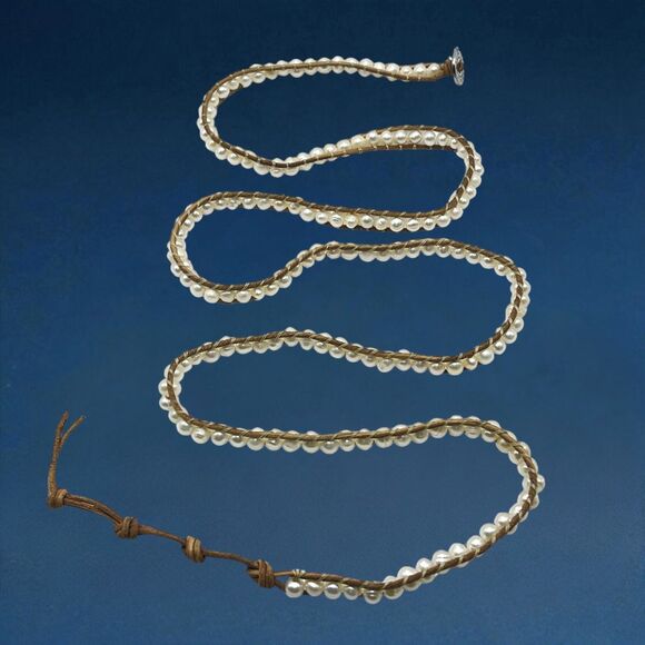 Victoria Emerson Pearl Wrap Bracelet Brown Leather Cord Boho Adjustable 36" - Picture 7 of 7